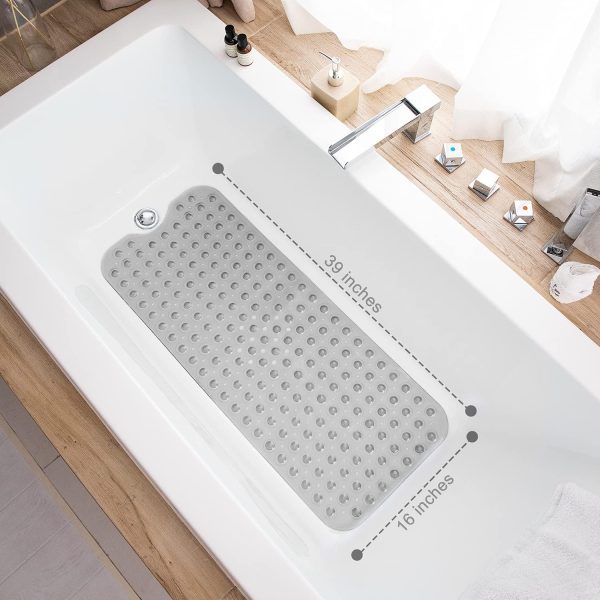Bathtub Mats for Shower Tub, Extra Long Non-Slip 39 x 16 Inch Bath Mat with Drain Holes and Suction Cups, BathMat for Bathroom with Machine Washable (Clear Grey) - Image 4