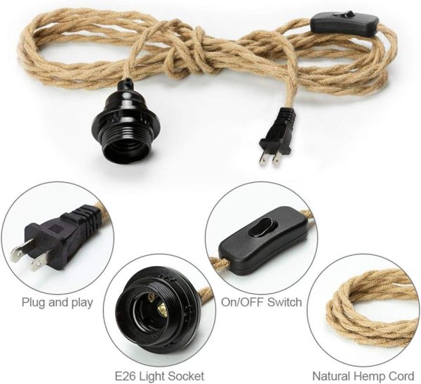 Industrial 15ft Pendant Lights - Hanging Light Kit with Switch Plug in Vintage Fabric Lamp with Twisted Hemp Rope Pendant Lights Socket Set E26 E27 for Pendant Lamp Farmhouse Lamp Cable DIY - Image 2