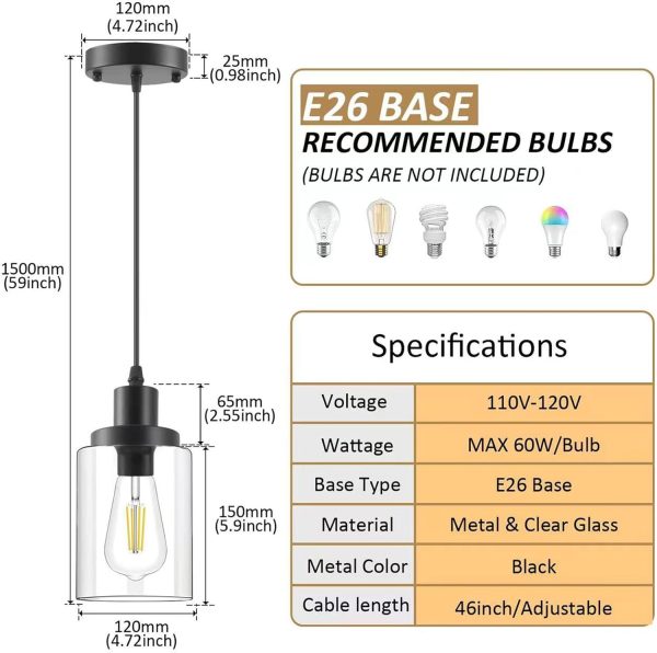 Industrial Pendant Lights, Modern Clear Glass Shade Pendant Lighting, Black Pendant Light Fixtures Ceiling Light, Farmhouse Pendant Lighting for Kitchen Island Hallway Porch Corridor Bedroom, 3-Pack - Image 2