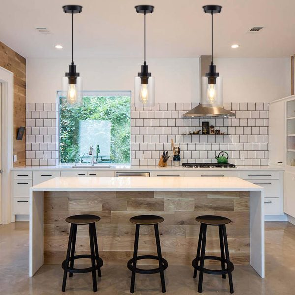 Industrial Pendant Lights, Modern Clear Glass Shade Pendant Lighting, Black Pendant Light Fixtures Ceiling Light, Farmhouse Pendant Lighting for Kitchen Island Hallway Porch Corridor Bedroom, 3-Pack - Image 3
