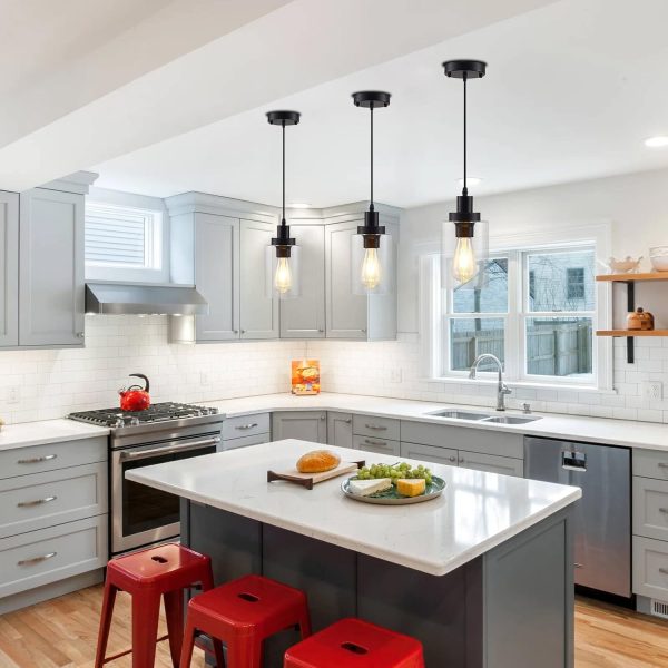 Industrial Pendant Lights, Modern Clear Glass Shade Pendant Lighting, Black Pendant Light Fixtures Ceiling Light, Farmhouse Pendant Lighting for Kitchen Island Hallway Porch Corridor Bedroom, 3-Pack - Image 5