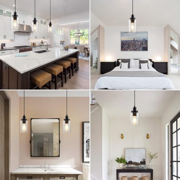 Industrial Pendant Lights, Modern Clear Glass Shade Pendant Lighting, Black Pendant Light Fixtures Ceiling Light, Farmhouse Pendant Lighting for Kitchen Island Hallway Porch Corridor Bedroom, 3-Pack - Image 6
