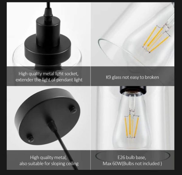 Industrial Pendant Lights, Modern Clear Glass Shade Pendant Lighting, Black Pendant Light Fixtures Ceiling Light, Farmhouse Pendant Lighting for Kitchen Island Hallway Porch Corridor Bedroom, 3-Pack - Image 7
