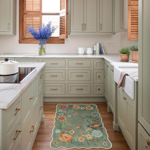Lahome Floral Rugs for Entryway, 2X3 Washable Kitchen Rugs Ultra-Thin Soft Rug, Non Slip Indoor Door Mat Stain Resistant Boho Small Rug Low-Pile Throw Rug for Bathroom Bedroom(2x3ft,Green) - Image 3