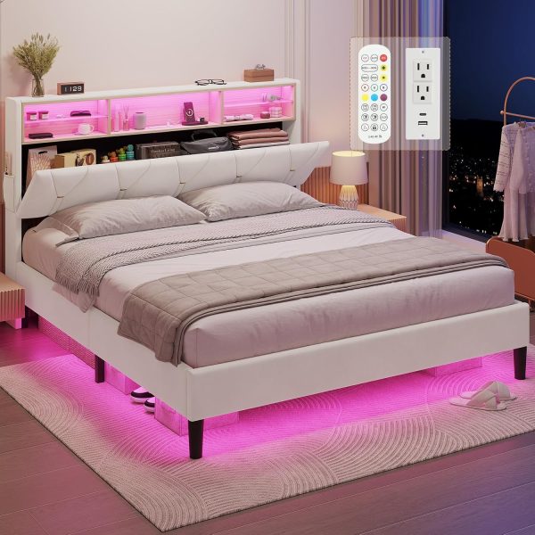 Queen Bed Frame with Storage Headboard and RGB LED Lights, Velet Upholstered Platform Bed Frame Queen Size with Type-C & USB Charging Station, Stable Easy Assembly,Creamy White