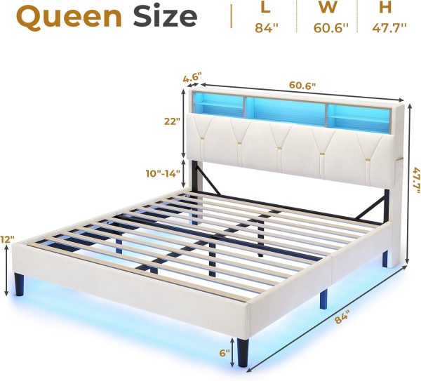 Queen Bed Frame with Storage Headboard and RGB LED Lights, Velet Upholstered Platform Bed Frame Queen Size with Type-C & USB Charging Station, Stable Easy Assembly,Creamy White - Image 2