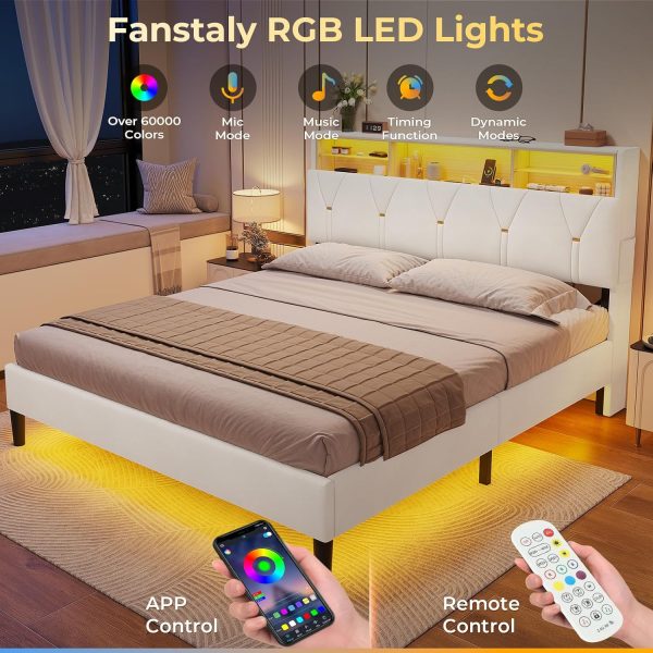 Queen Bed Frame with Storage Headboard and RGB LED Lights, Velet Upholstered Platform Bed Frame Queen Size with Type-C & USB Charging Station, Stable Easy Assembly,Creamy White - Image 4