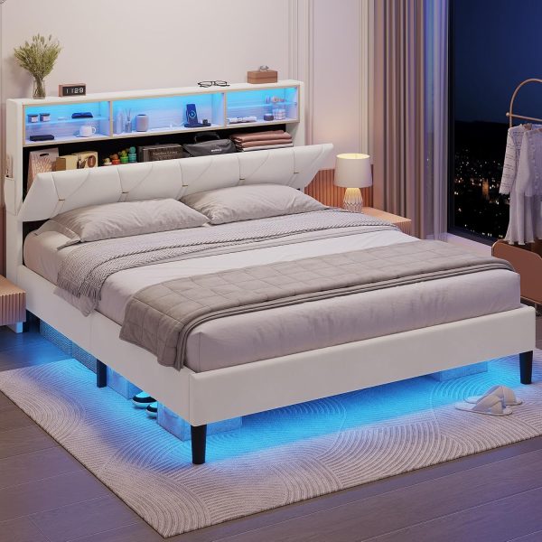 Queen Bed Frame with Storage Headboard and RGB LED Lights, Velet Upholstered Platform Bed Frame Queen Size with Type-C & USB Charging Station, Stable Easy Assembly,Creamy White - Image 8