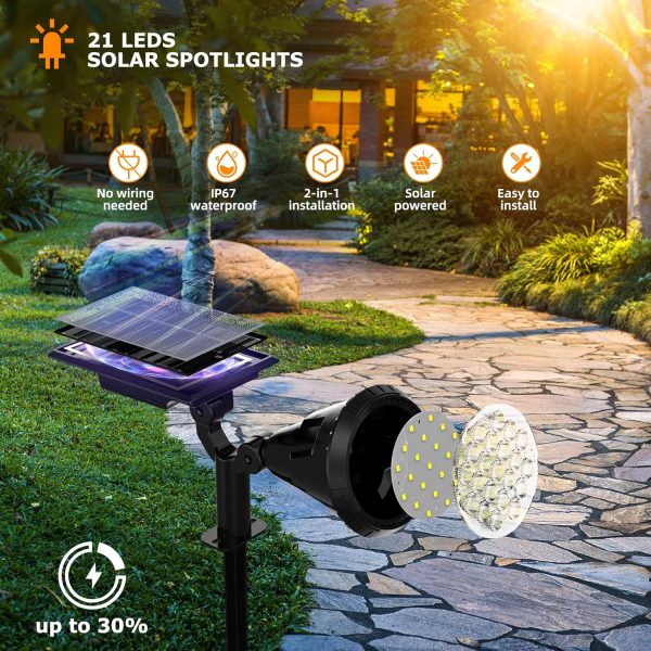 Solar Spot Lights Outdoor, 21 LEDs Solar Outdoor Lights Auto On/Off with 3 Modes, IP67 Waterproof Solar Yard Spotlight Landscape Lighting Garden Wall Lights, 2-in-1 Solar Powered Lights, 2Pack - Image 2